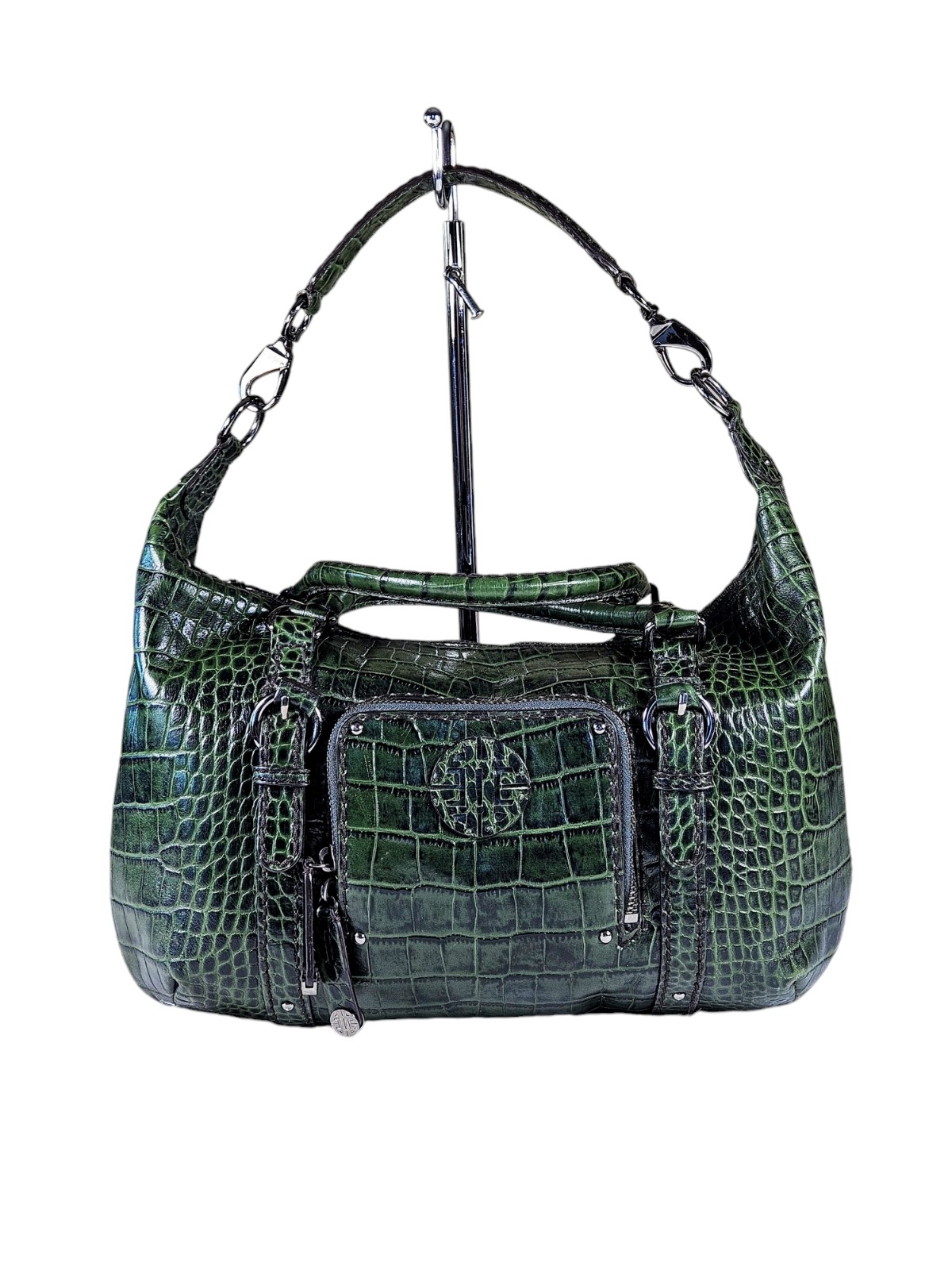 Vintage Antonio Melani Dark Green Crocodile Embossed Leather Hobo Shoulder Bag