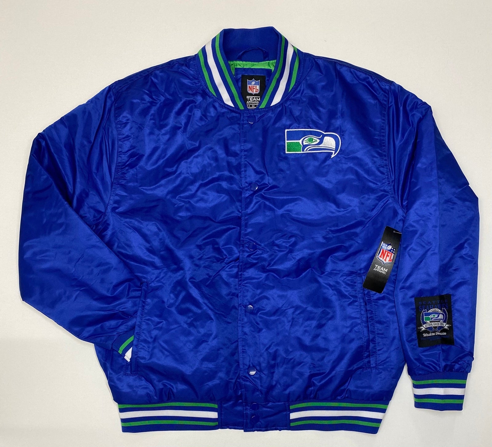 NFL Team Apparel Seattle Seahawks Throwback Varsity Satin Jacket Blue Size L