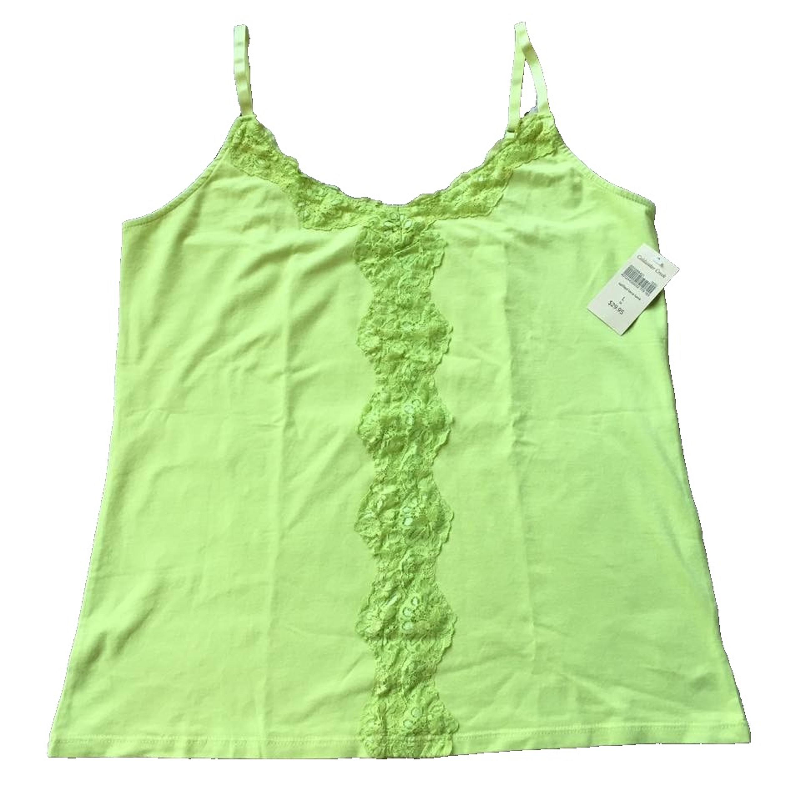 New Coldwater Creek Tank Top Women L 14 Green Lace Sleeveless Cami V Neck Cotton