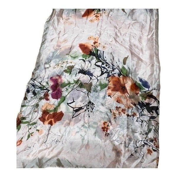 New Oriental SIGI 100% Silk Pink White Floral Scarf Flowers Asian Large Shawl