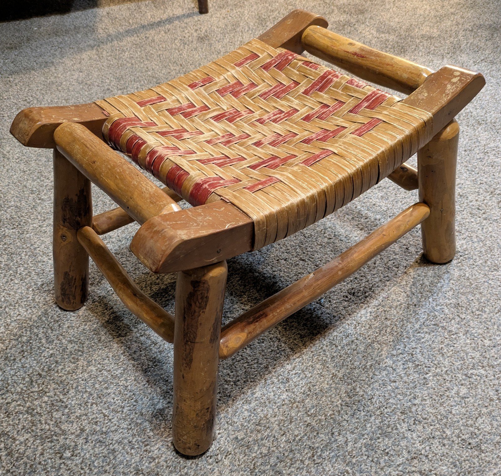Antique Hickory Footstool Bench Weaved Wicker Top