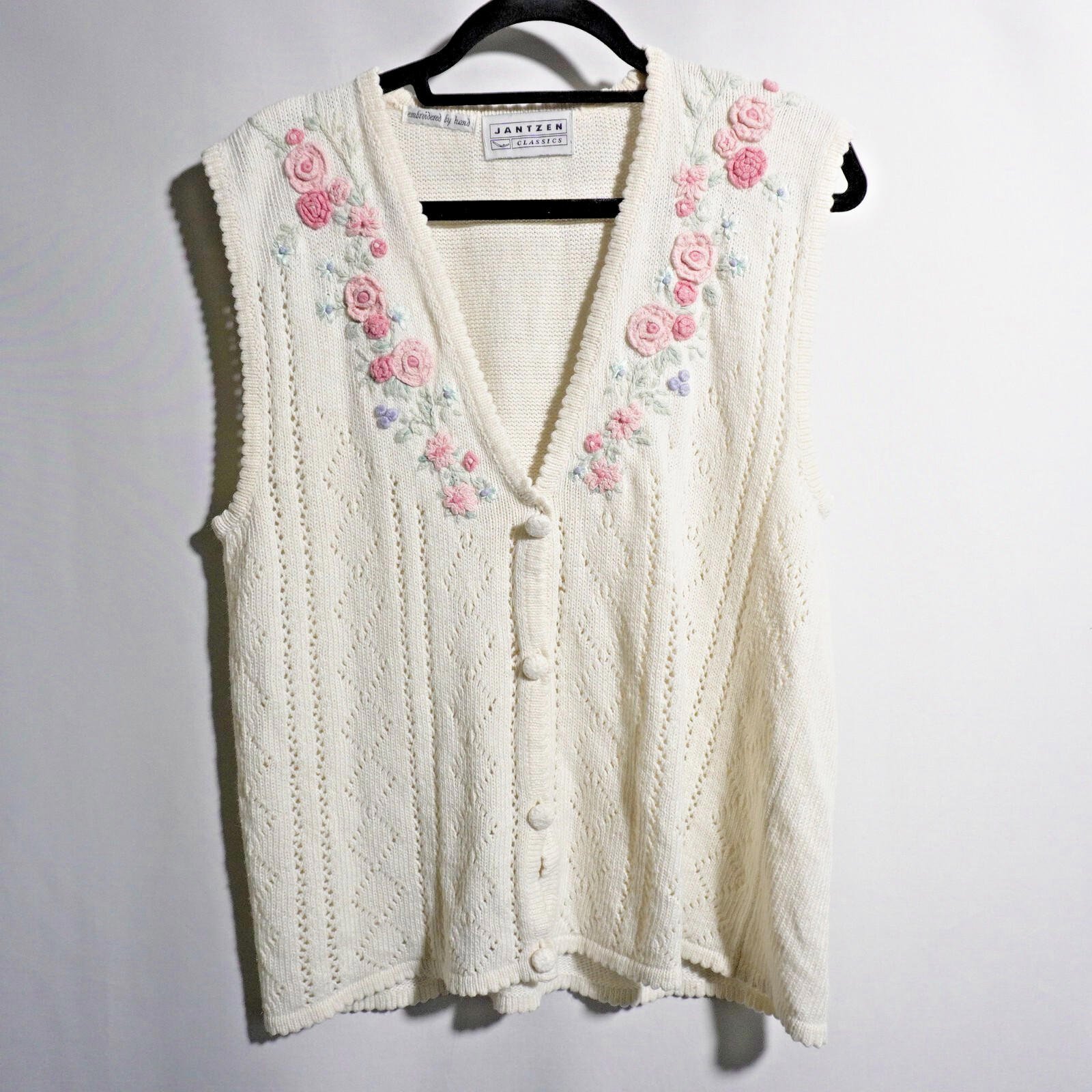 VTG Jantzen Hand Embroidered Cream Floral Vest Cottage Core Retro Knit Gma XL