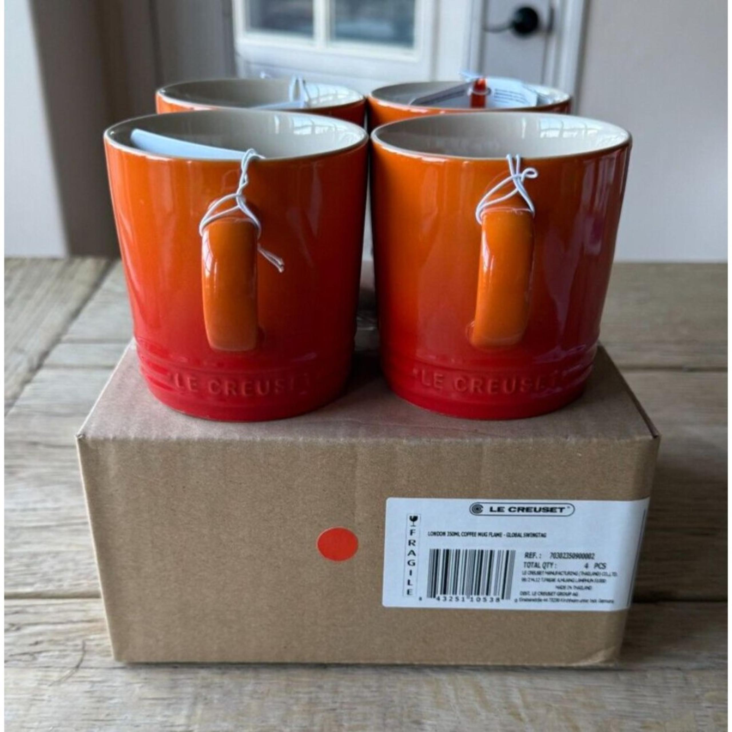 Le Creuset Stoneware London 12 oz. / 350ml Mugs, Set of 4, Flame Orange NEW