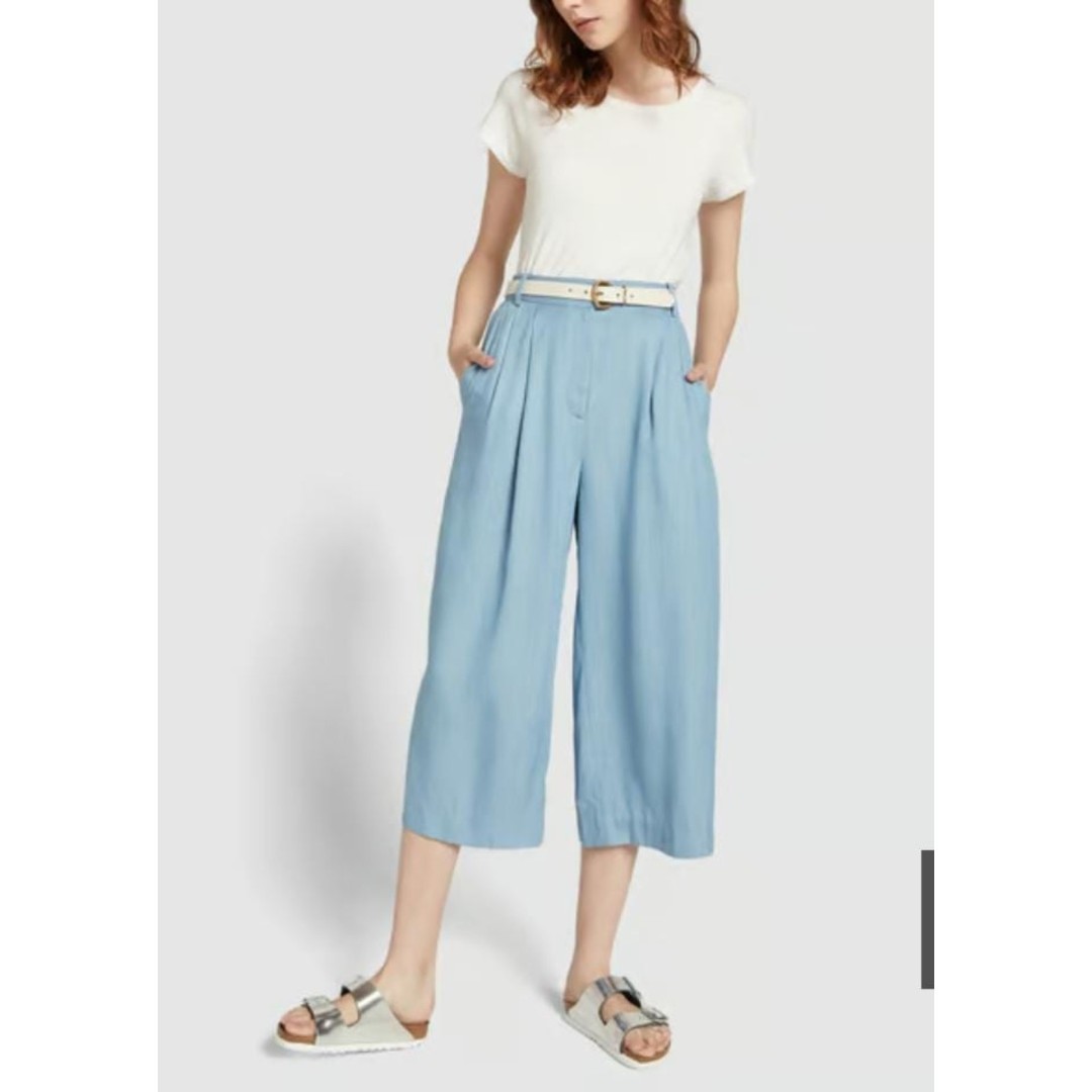 New TIBI High Waisted Wide Leg Chambray Pleated Cropped Pants Size10