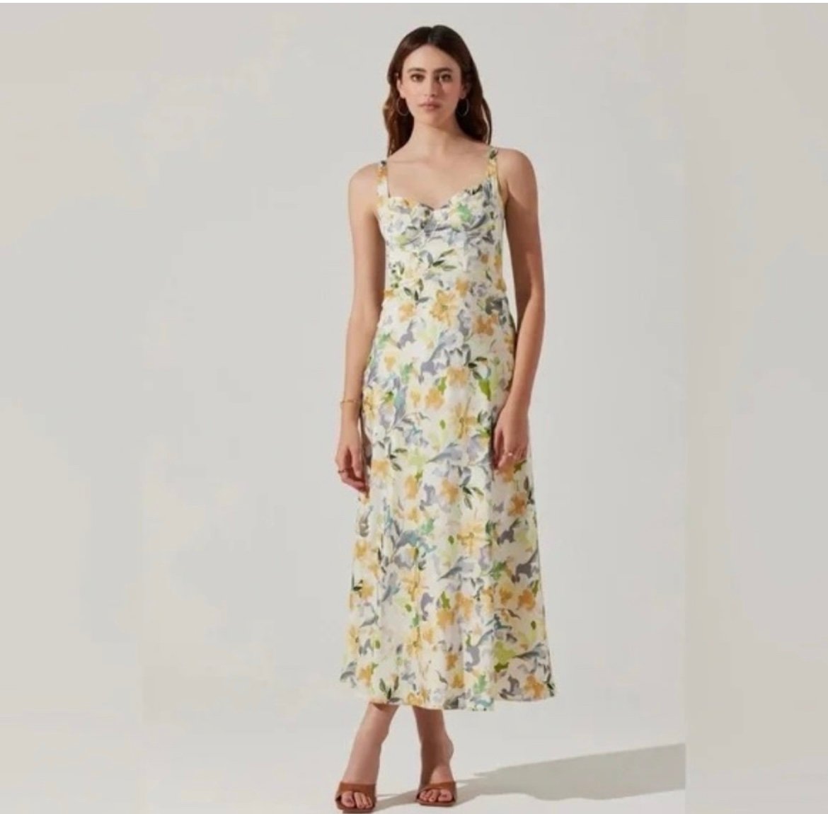 ASTR the Label Floral Corset Satin Dress Yellow Cream Floral 45286 size Medium