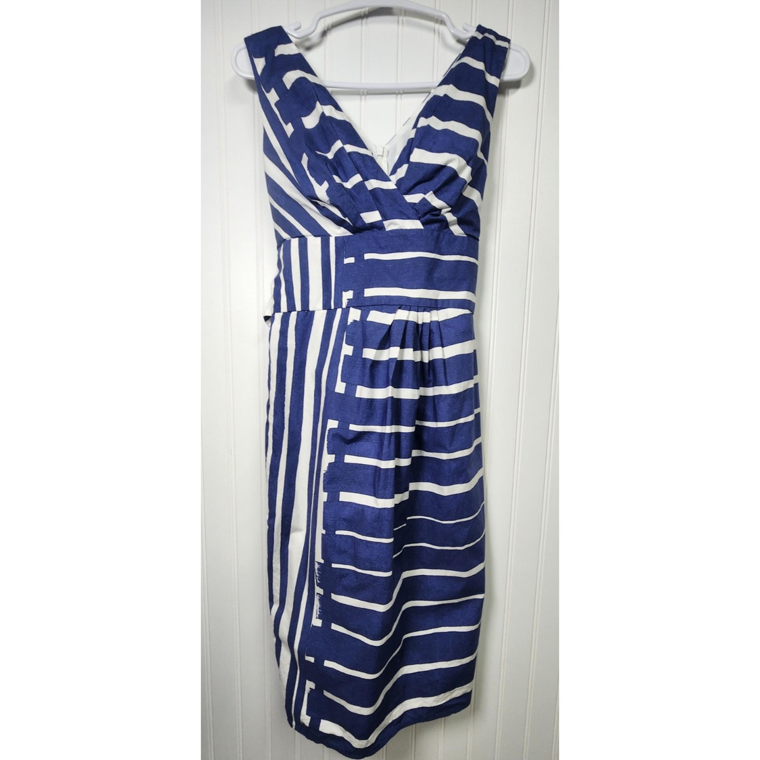 Max Mara Dress size 2 Blue White Strip Tie Knee Length Strip Coastal Grandma