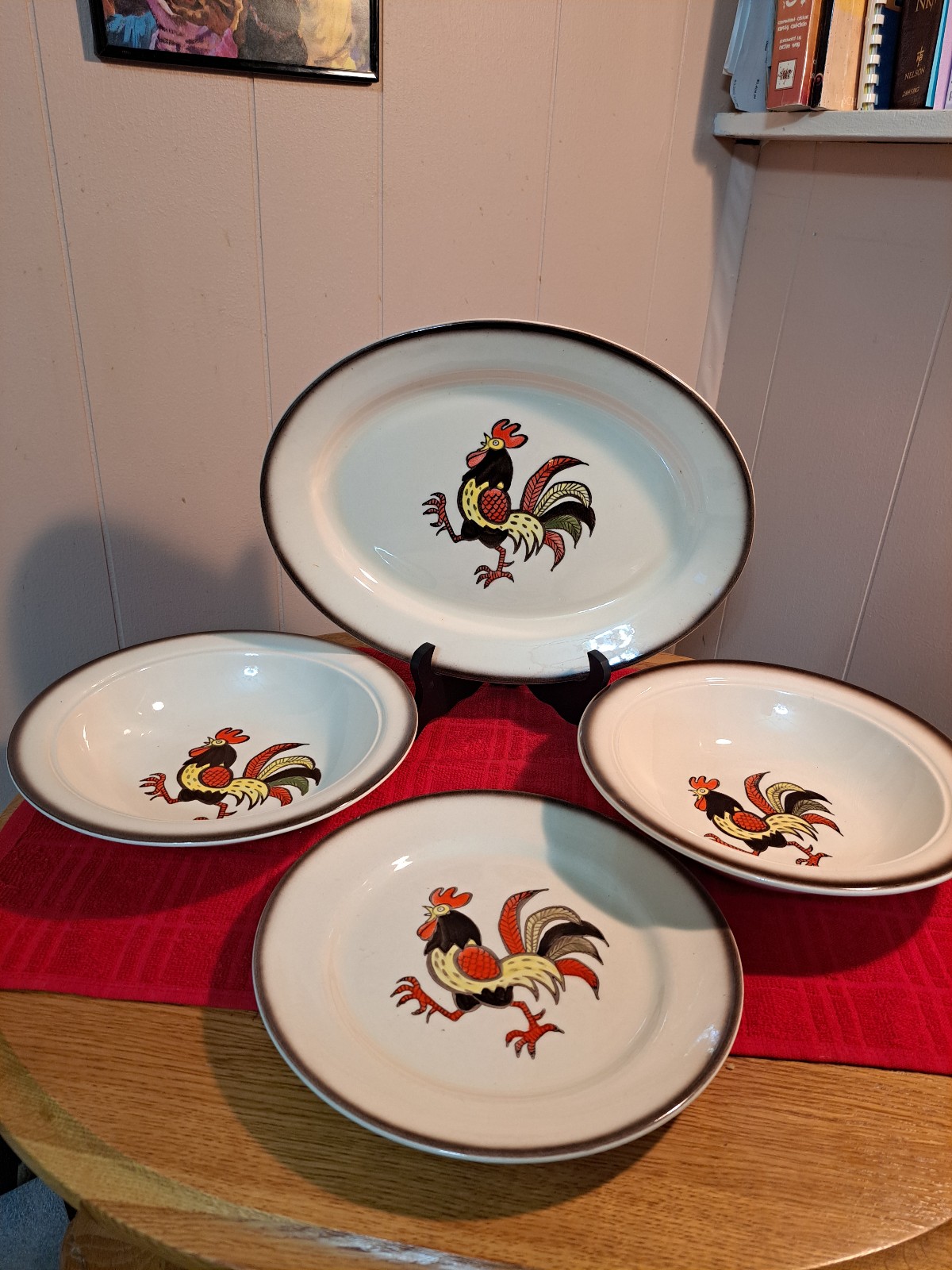 PoppyTrail Red Rooster Serving Dishes. Two 10 Bowls a 13 Platter & 10 Plate