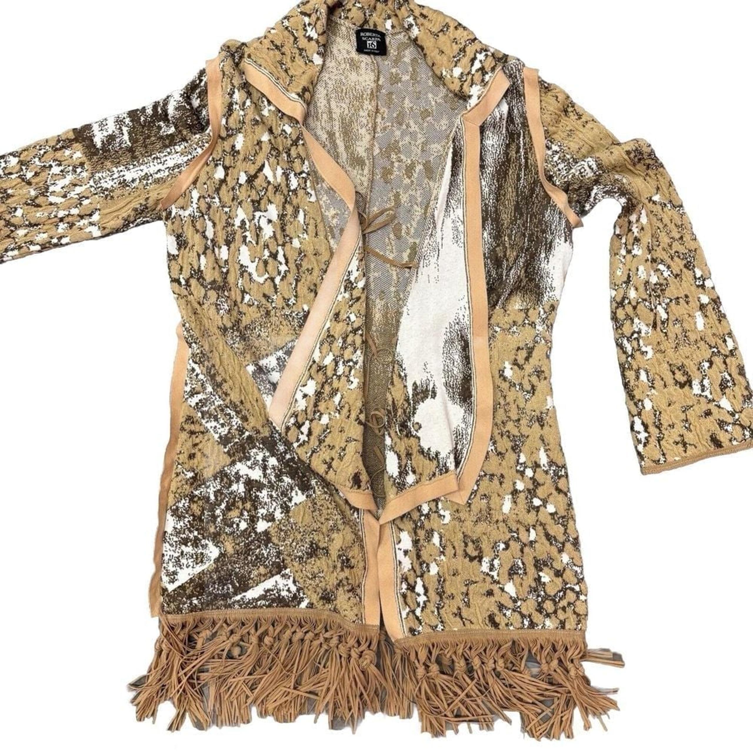 Italian Designer ROBERTA SCARPA Fringe Brown Cardigan Sweater US M Boho Western