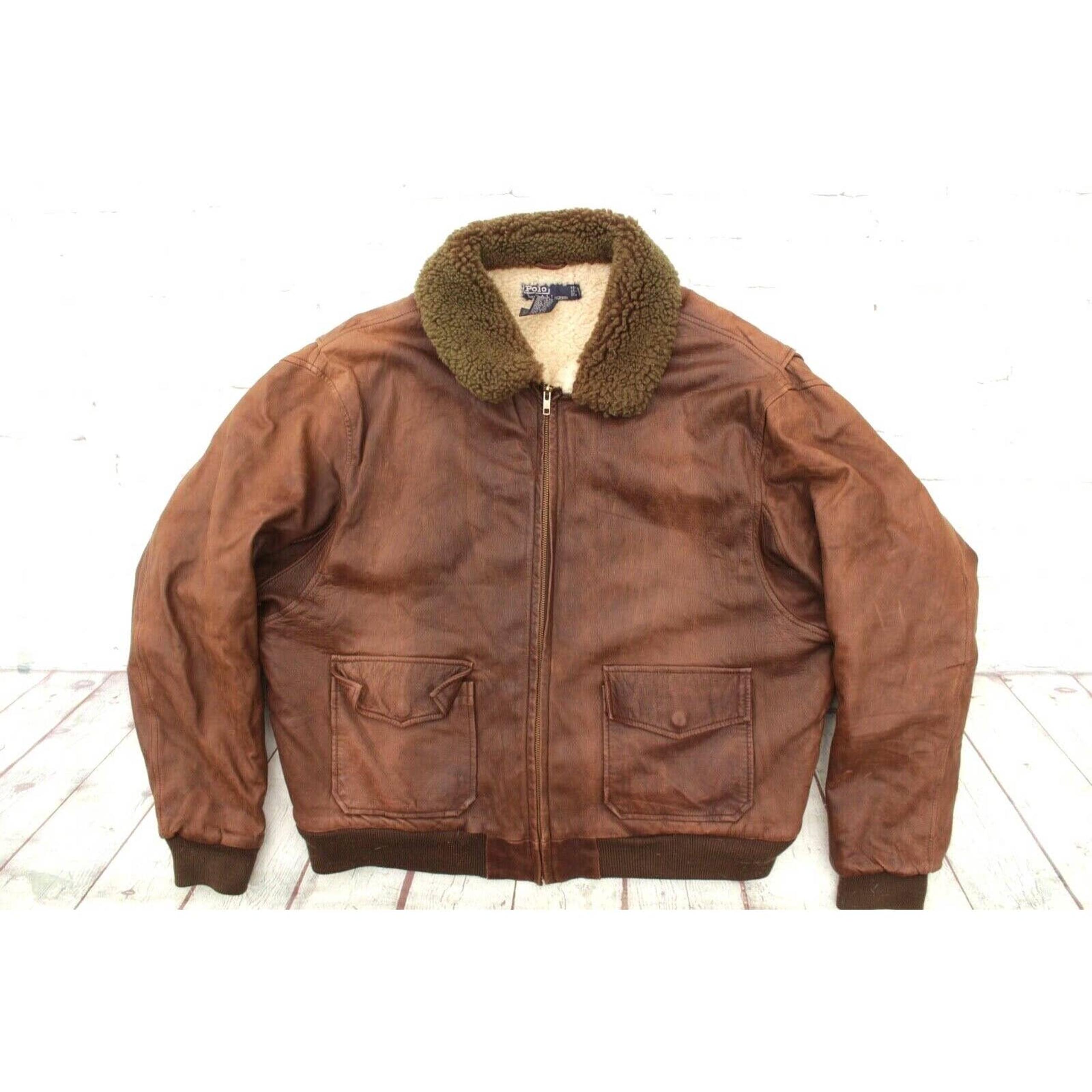Mens POLO Ralph Lauren 100% Leather Wool Shearling Bomber Aviator Jacket Large