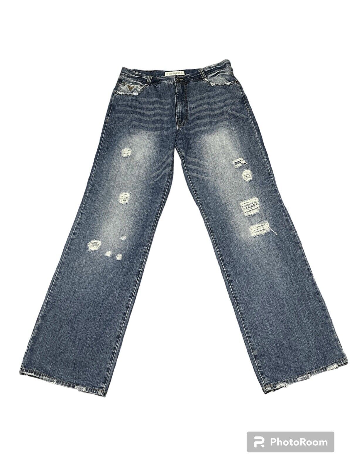 36x34 Avirex Logo Loose Baggy Distress Blue Denim 90s Y2K Jeans Pants Mens Wings