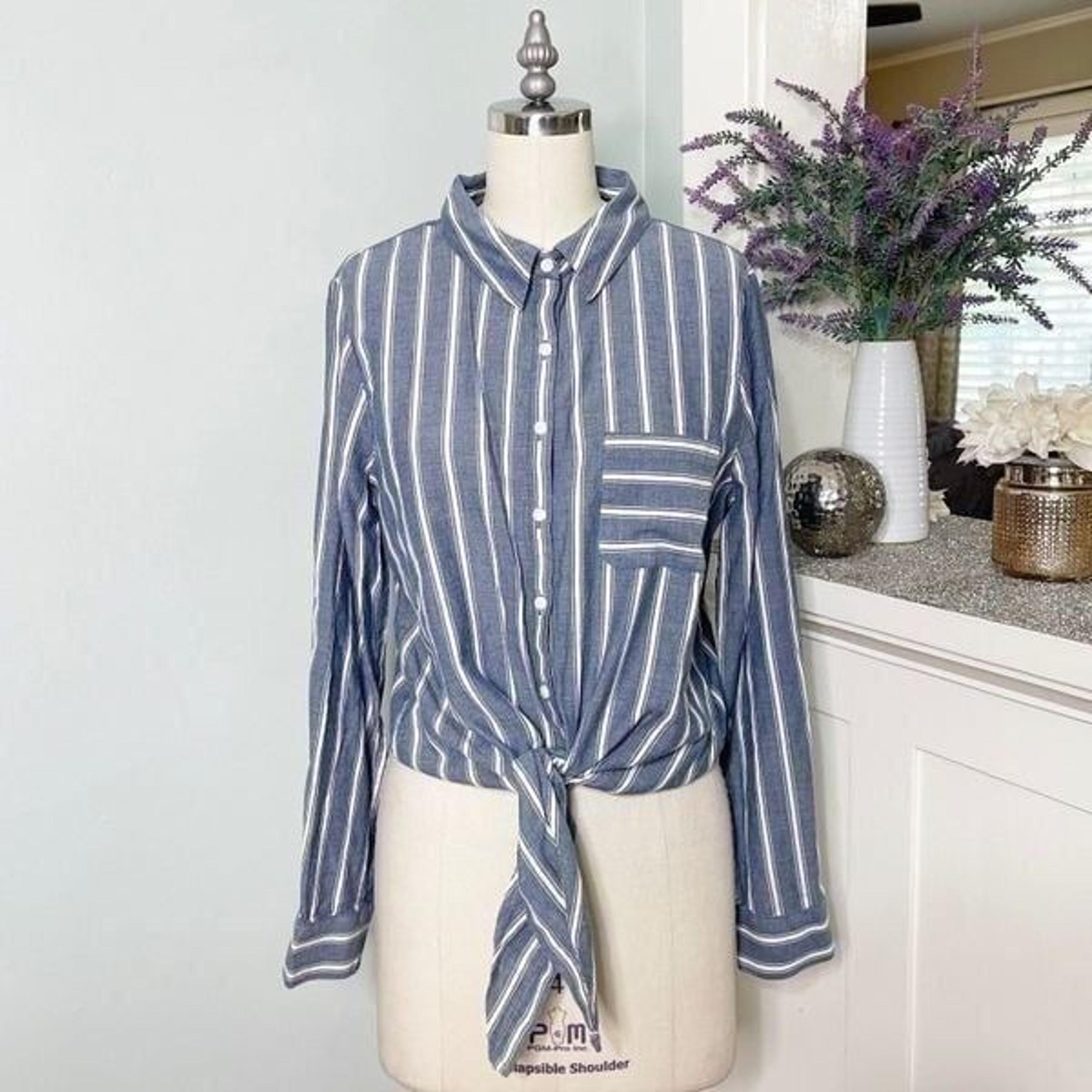 Ivanka Trump Blue Chambray Striped Button Up Tie Front Shirt Medium