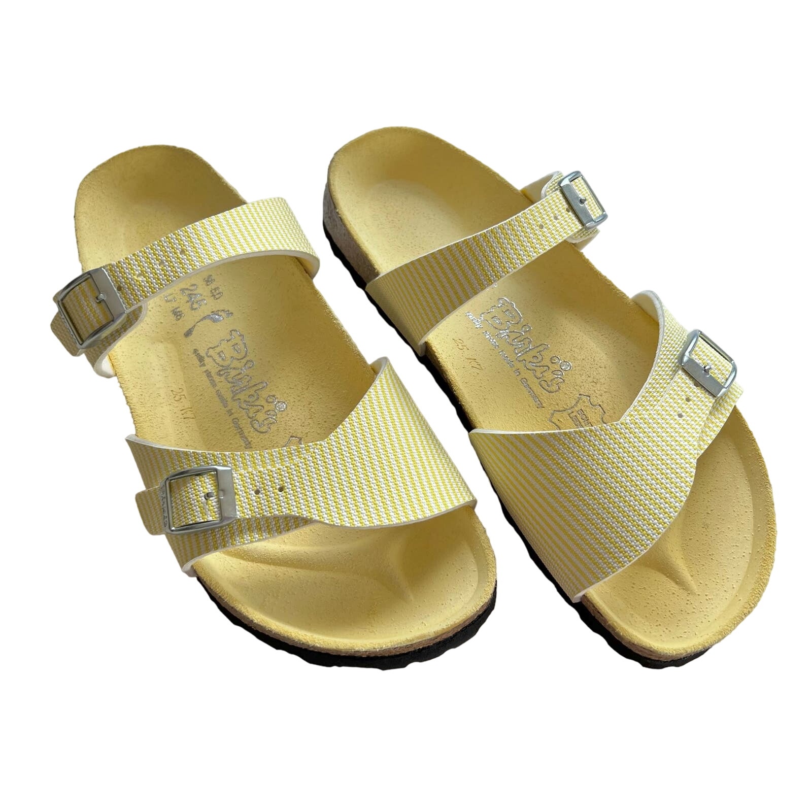 Birkenstock Birki's Aziza Two Strap Sandal Slides Butter Yellow White Stripe L7