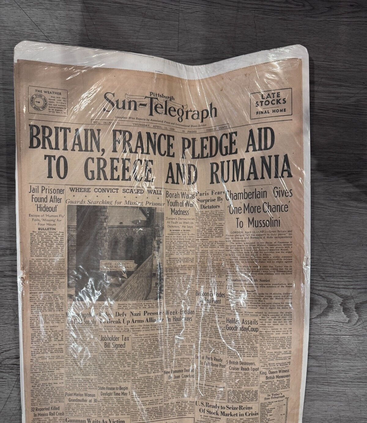 Pittsburgh Sun Telegraph April 13th 1939 Newspaper Britain France Pledge Aid