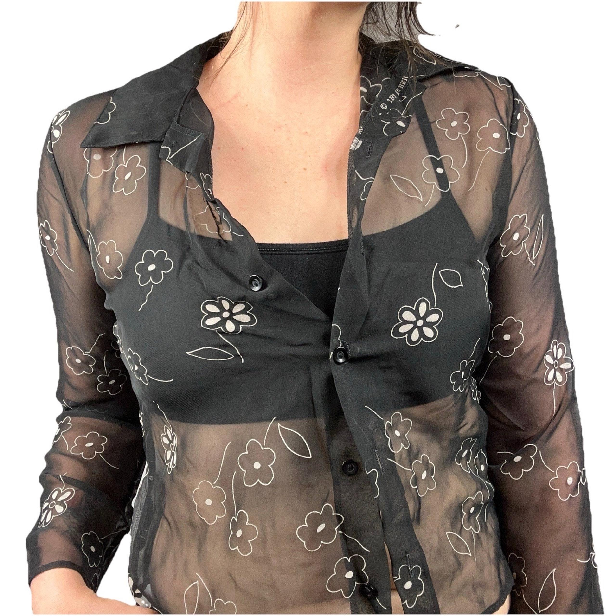 Vintage Sheer Mesh Long Sleeve Blouse Flower Print Size M