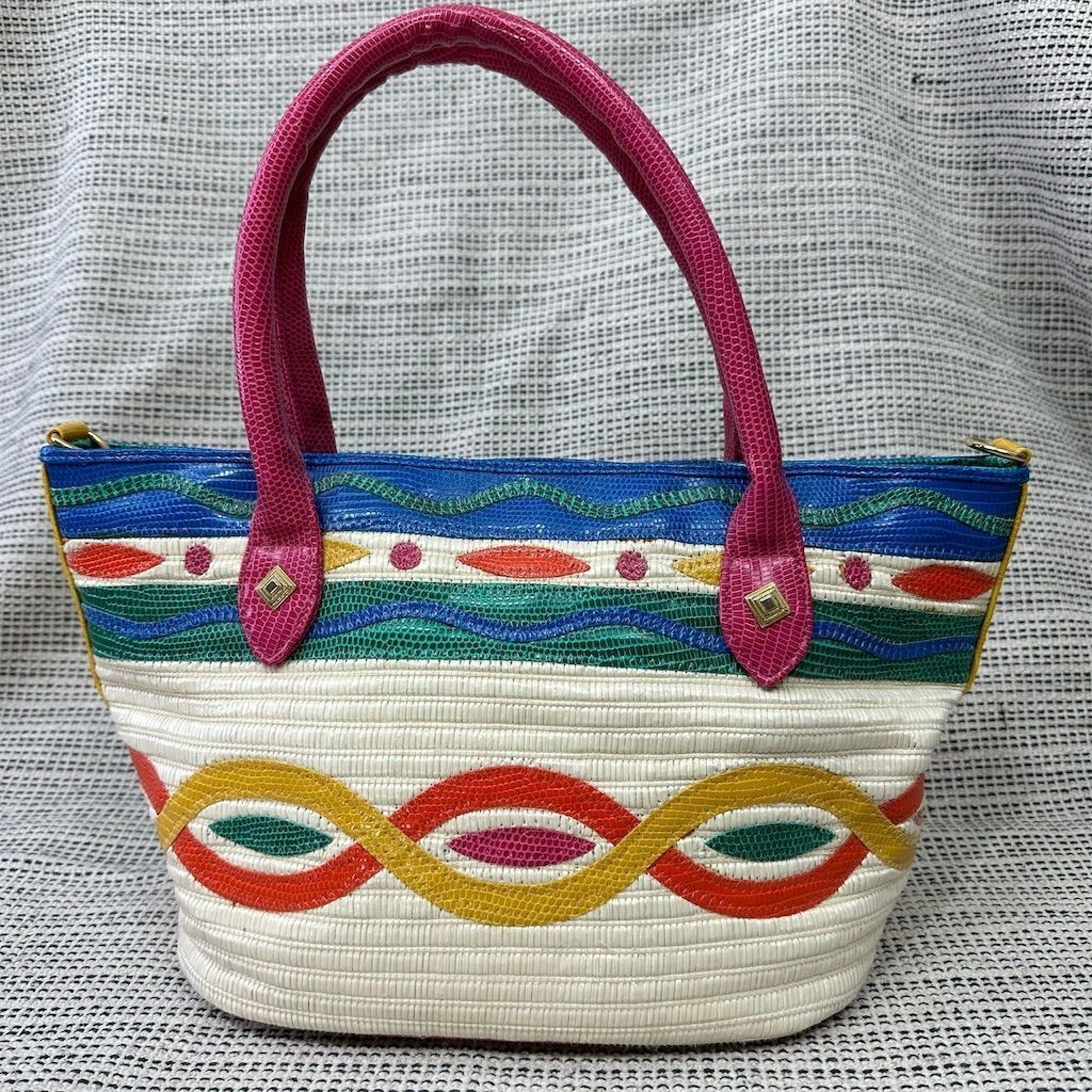Vintage Rainbow 80s 90s Shoulder Bag Woven Straw Maximalist Colorful Retro
