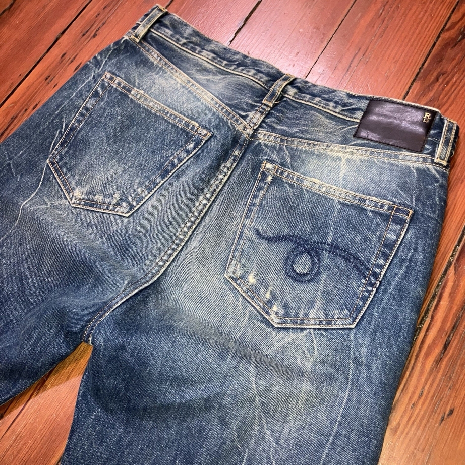 R13 Courtney Slim Jeans in Dirty Kelly / Size 31 (Tagged 30) / Distressed /Flaws