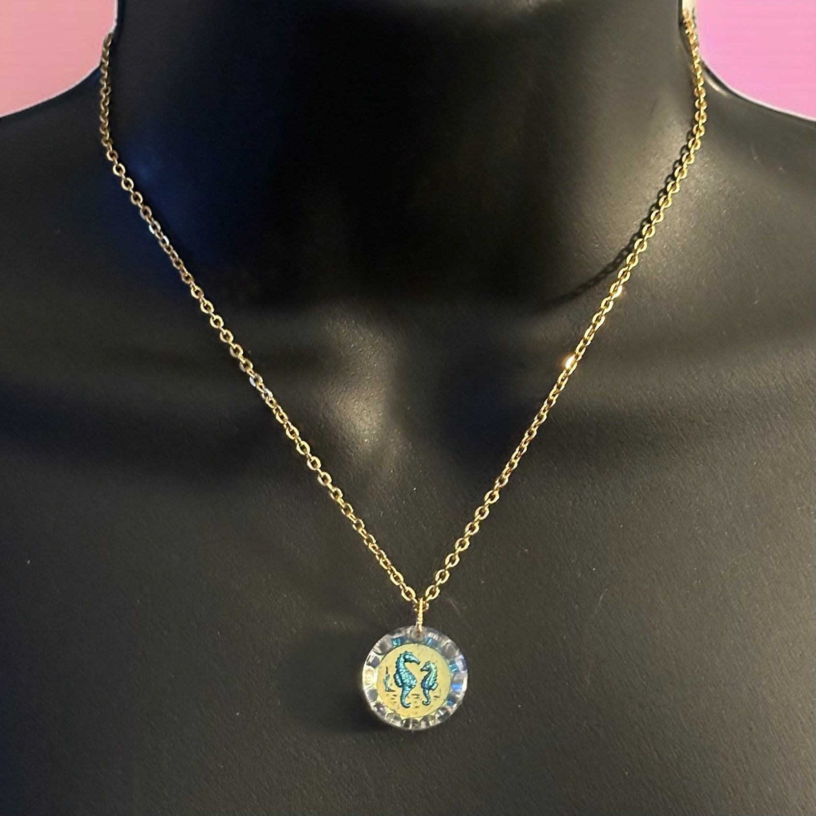 Vintage Germany glass seahorses bottle cap pendant necklace