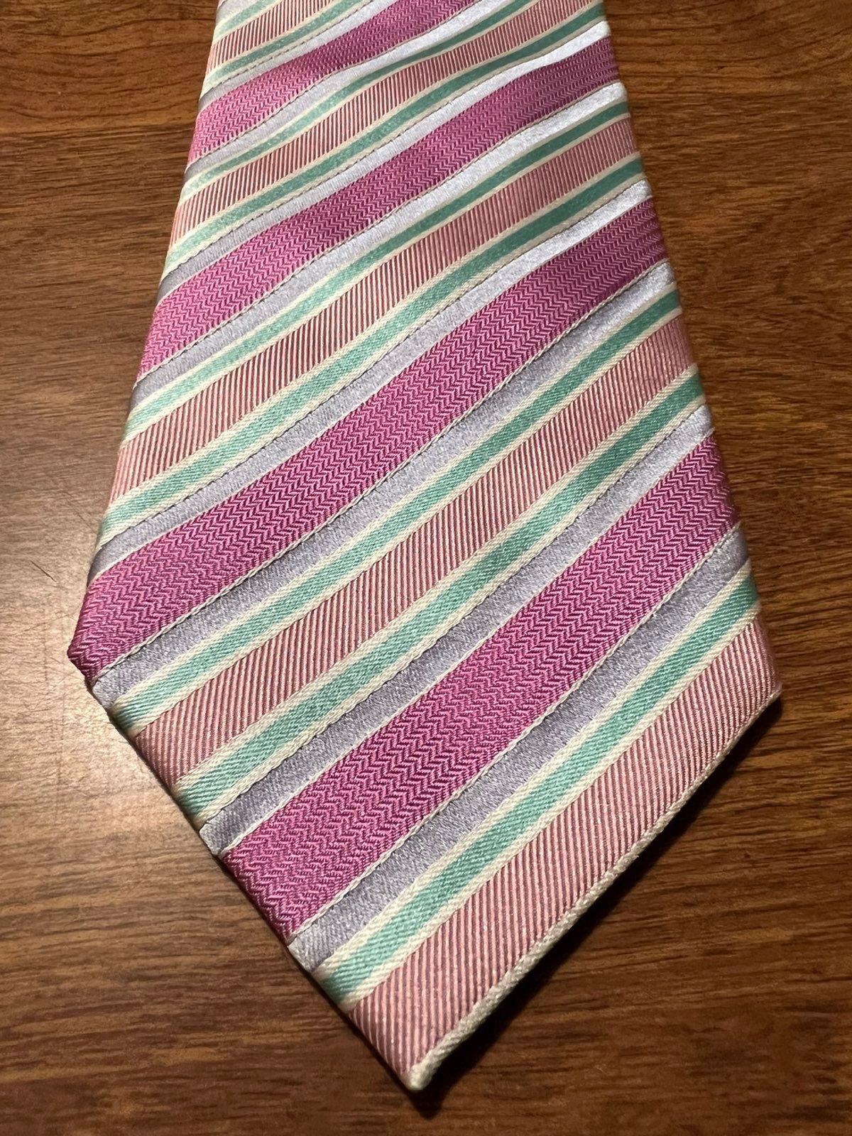 Paul Stuart Tie Striped Stripes 100% Silk Handmade Italy Deep Rose Pink Mint NWT