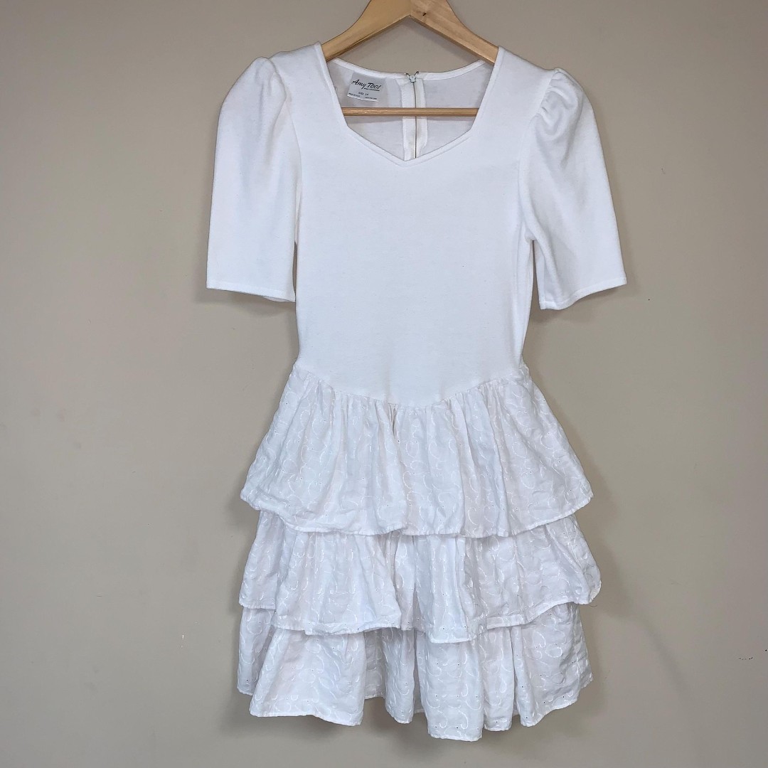 Vintage Dress 80s 90s Girl's 14 Puff Sleeve White Lace Ruffle Tired Dance Party