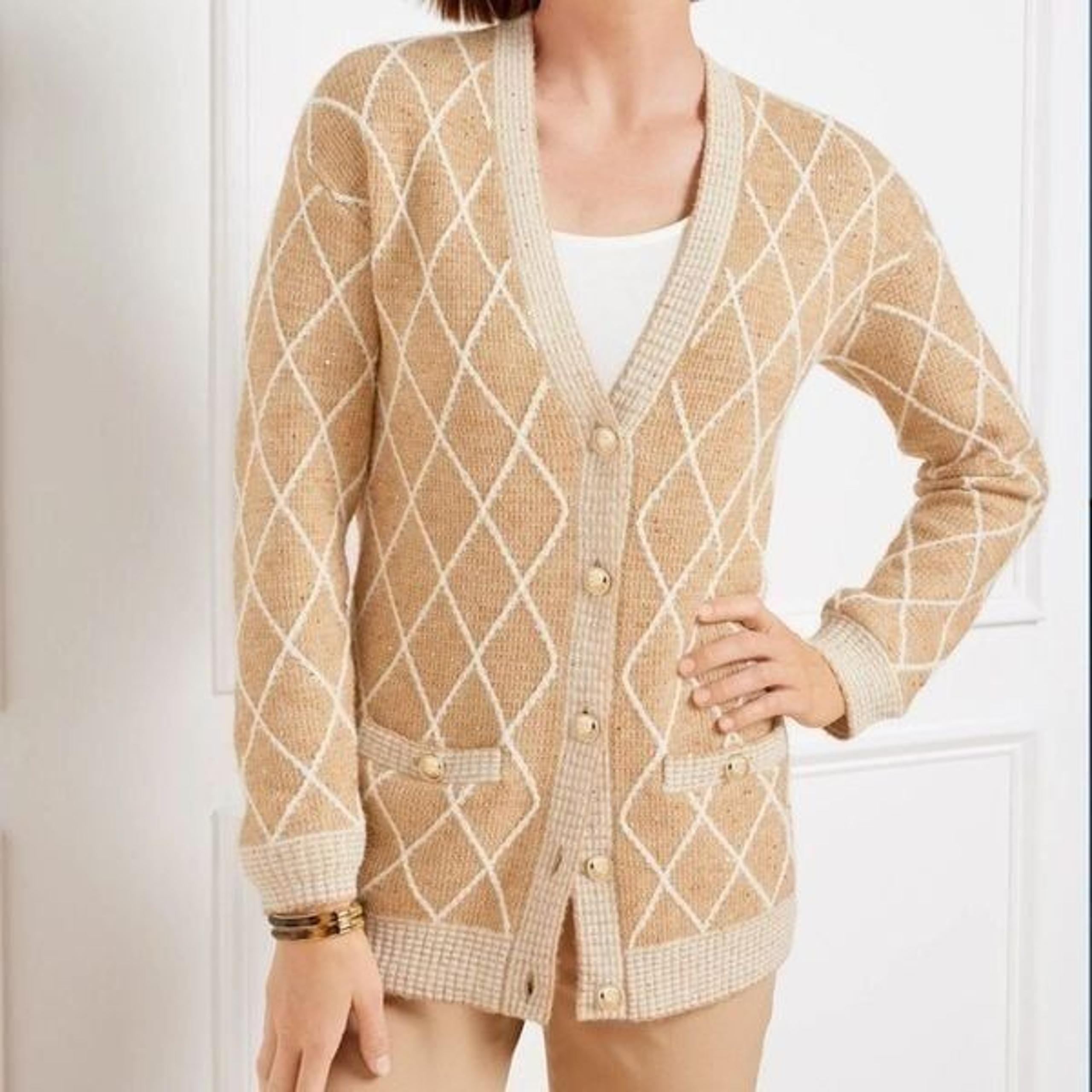 Talbots Women’s Sz Small Sequin Argyle V-Neck Gold Sparkle Wool Blend Cardigan