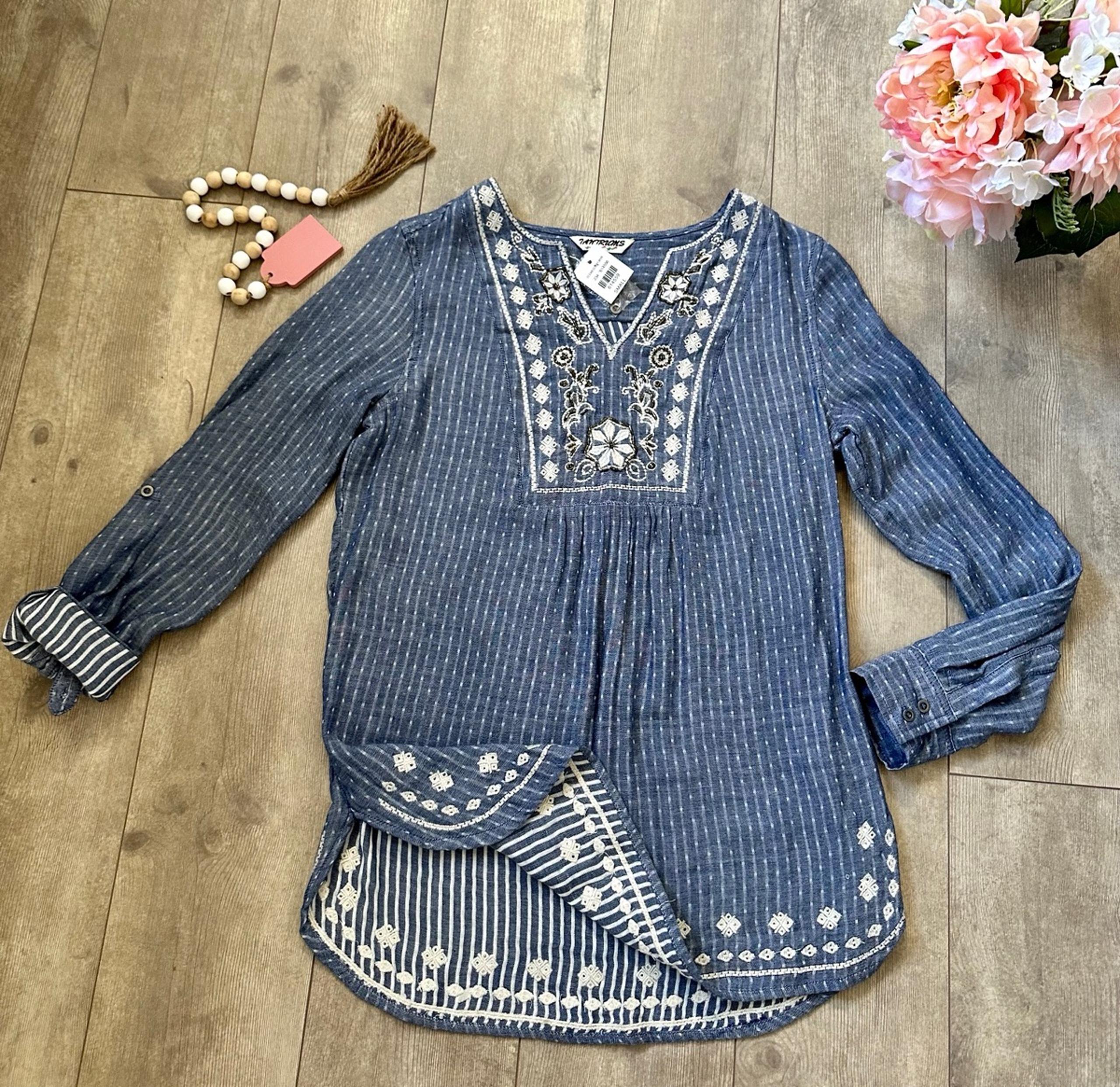 New Boutique Beaded Embroidered Bib Front Bohemian Women's Tunic Blouse Sz Small