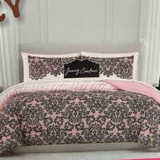 JUICY COUTURE WHITE & PINK ZEBRA STRIPE W/ BLACK LACE & DAMASK QUEEN BED SET NWT
