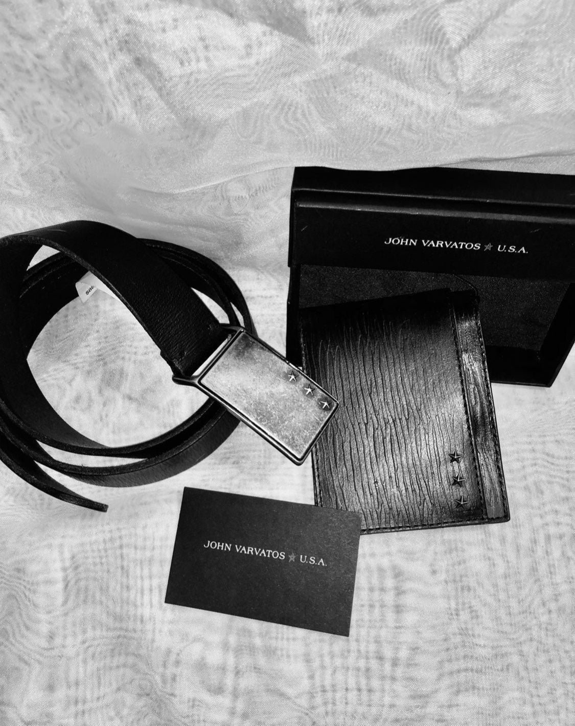 JOHN VARVATOS USA BELT + BILLFOLD WALLET SET BLACK LEATHER SZ M 34/36