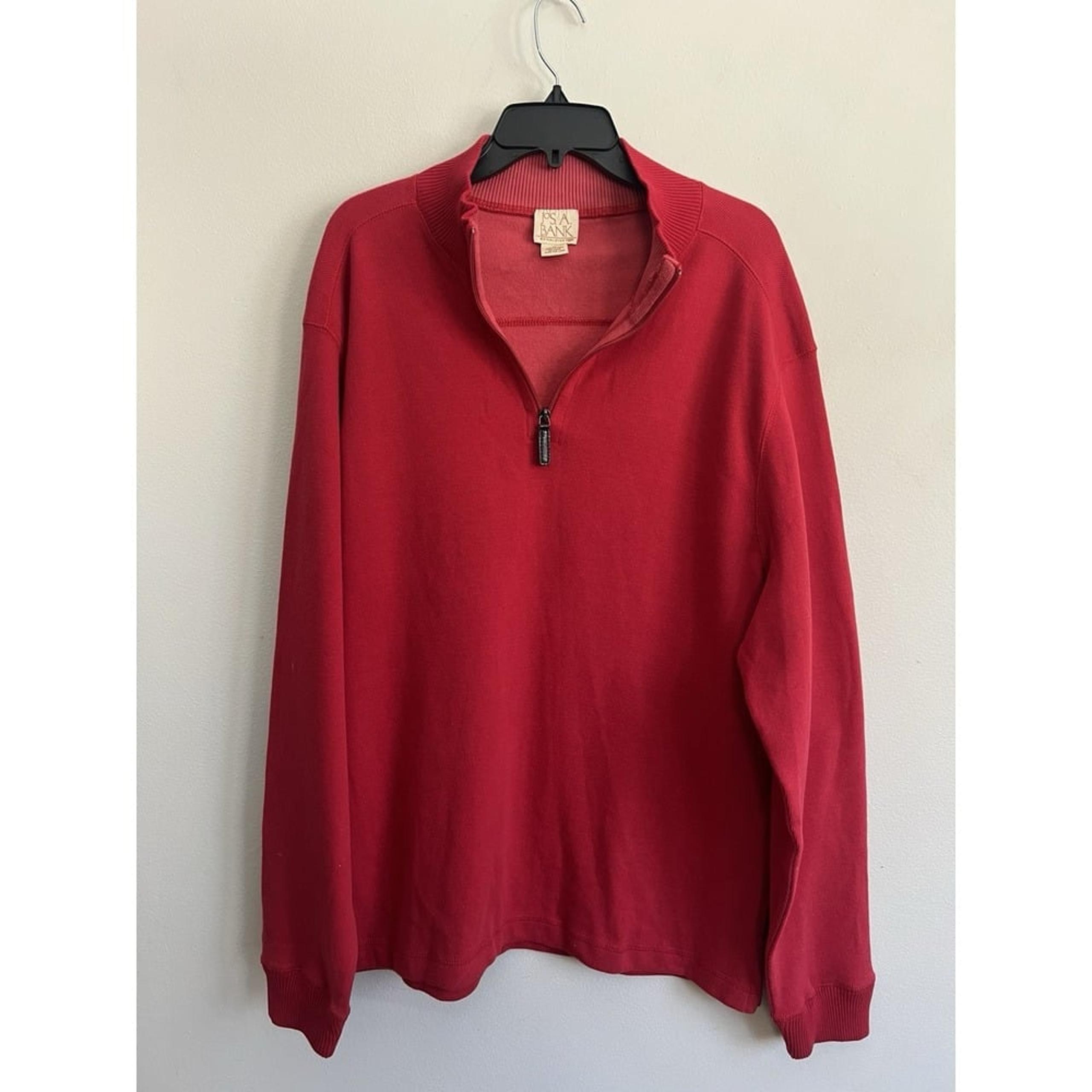 JOS. A BANK 1/4 Zip Mens L Woven Red Cotton Long Sleeve Banded Cuff Sweater Soft