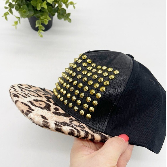Stampd Studded Leopard Calf Hair Snapback Hat One Size Black
