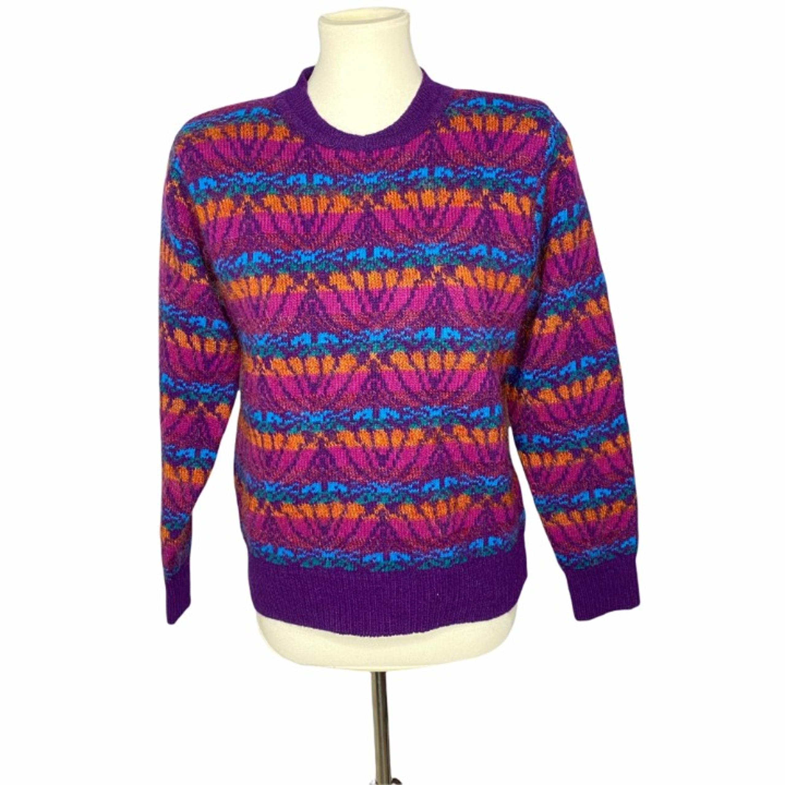 Vintage Jeanne Pierre Women’s Pullover Sweater Purple Orange Floral Lambswool Bl