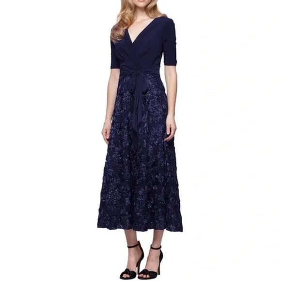 Alex Evenings Short Sleeve Floral Rosette Skirt V-Neck Tie Midi Dress