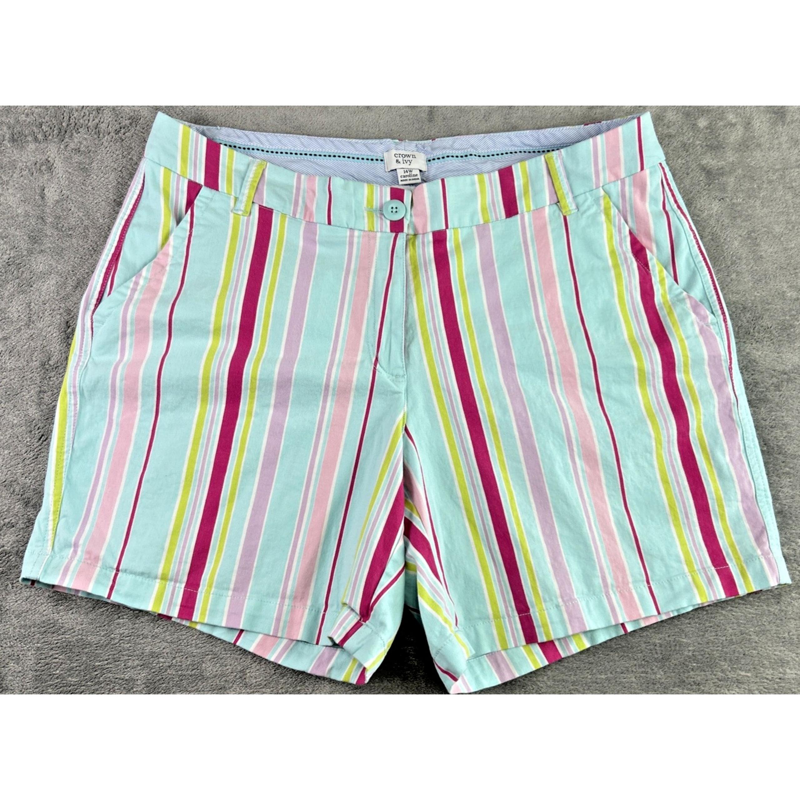 Crown & Ivy Women's 14W Shorts Caroline 5" Rainbow Stripes Pockets Beach Preppy