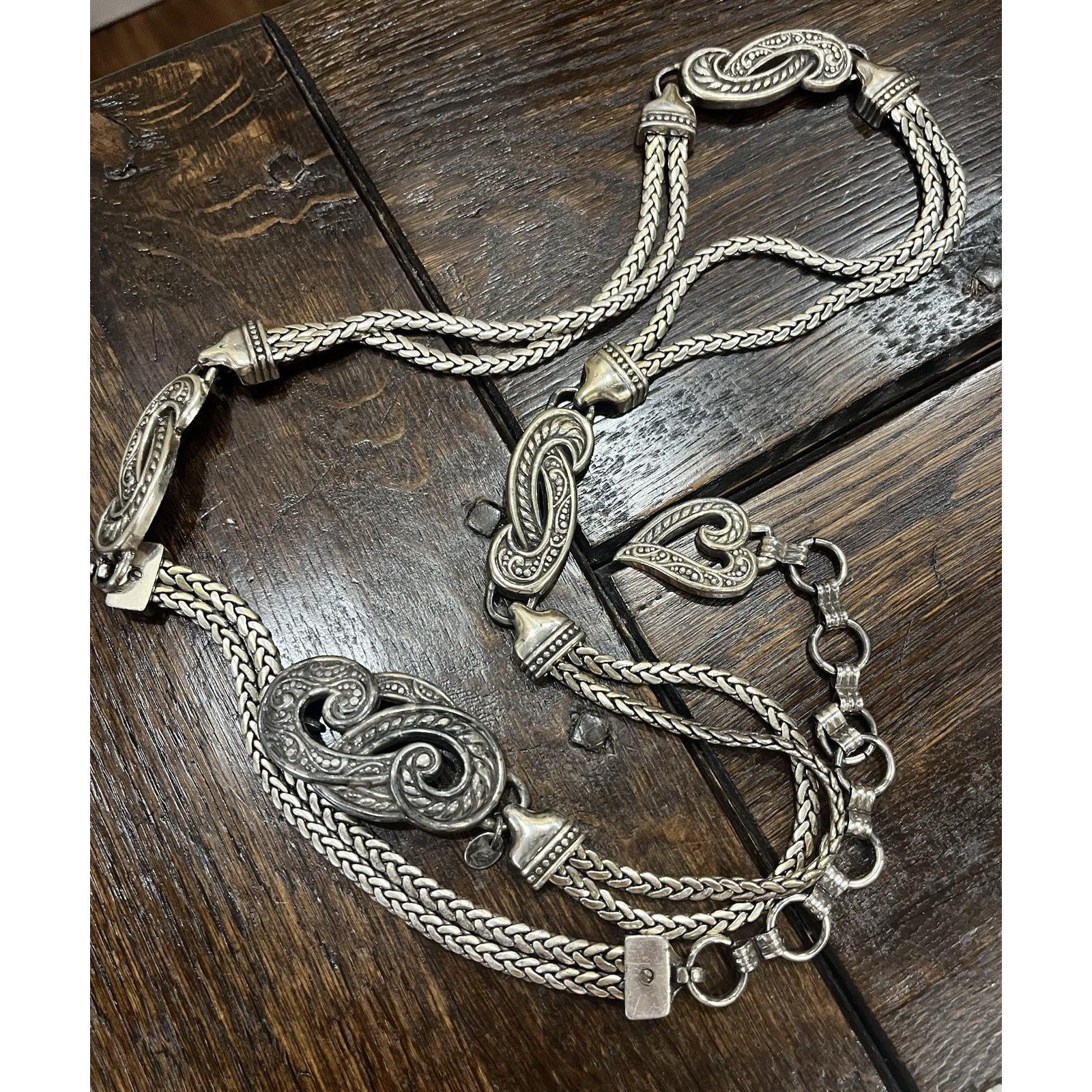 Brighton Silver Tone Double Wheat Chain Bali Hai Paisley Heart Ladies Belt 42”