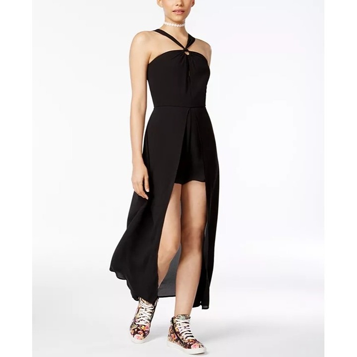 NWT Material Girl Juniors Caviar Black Maxi Overlay Halter Romper Size XS
