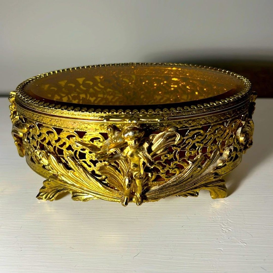 Antique Gold Filigree Jewelry Trinket Box - Beveled Amber Glass Angel