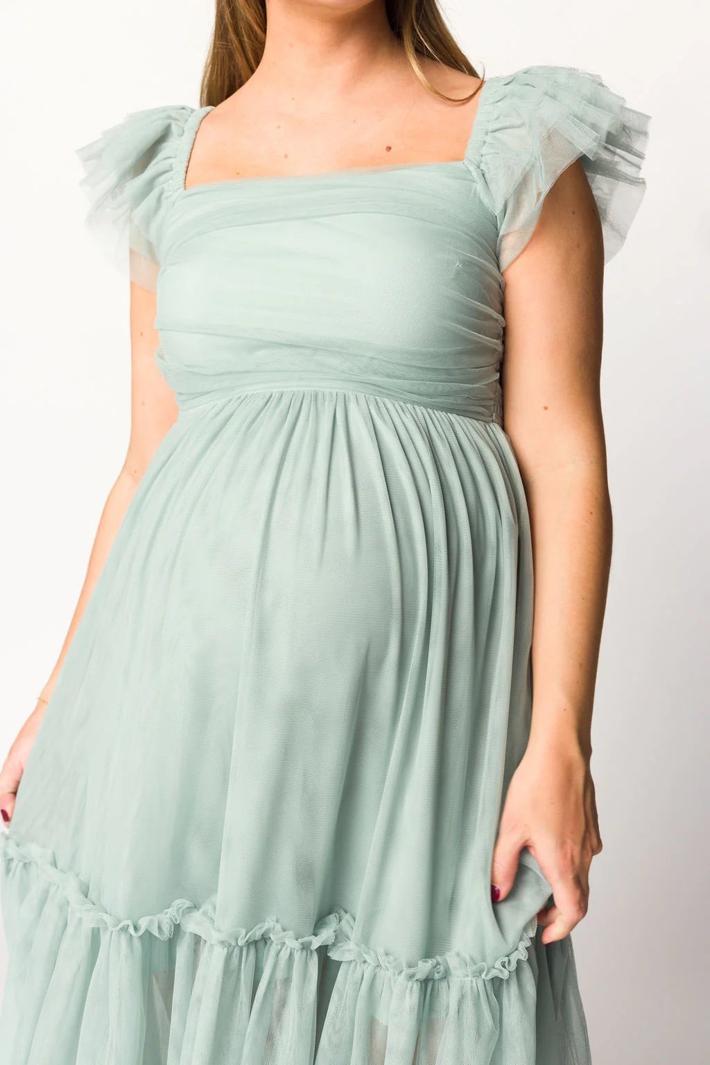 Bella Tiered Tulle Maxi Dress in Sage - Bump Friendly