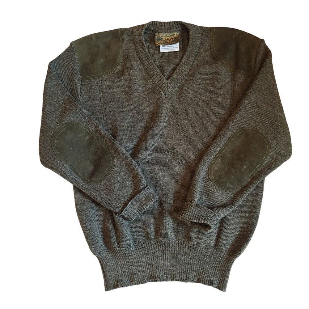 Niffi Green Wool Suede Leather V Neck Mens Medium Commando Sweater England