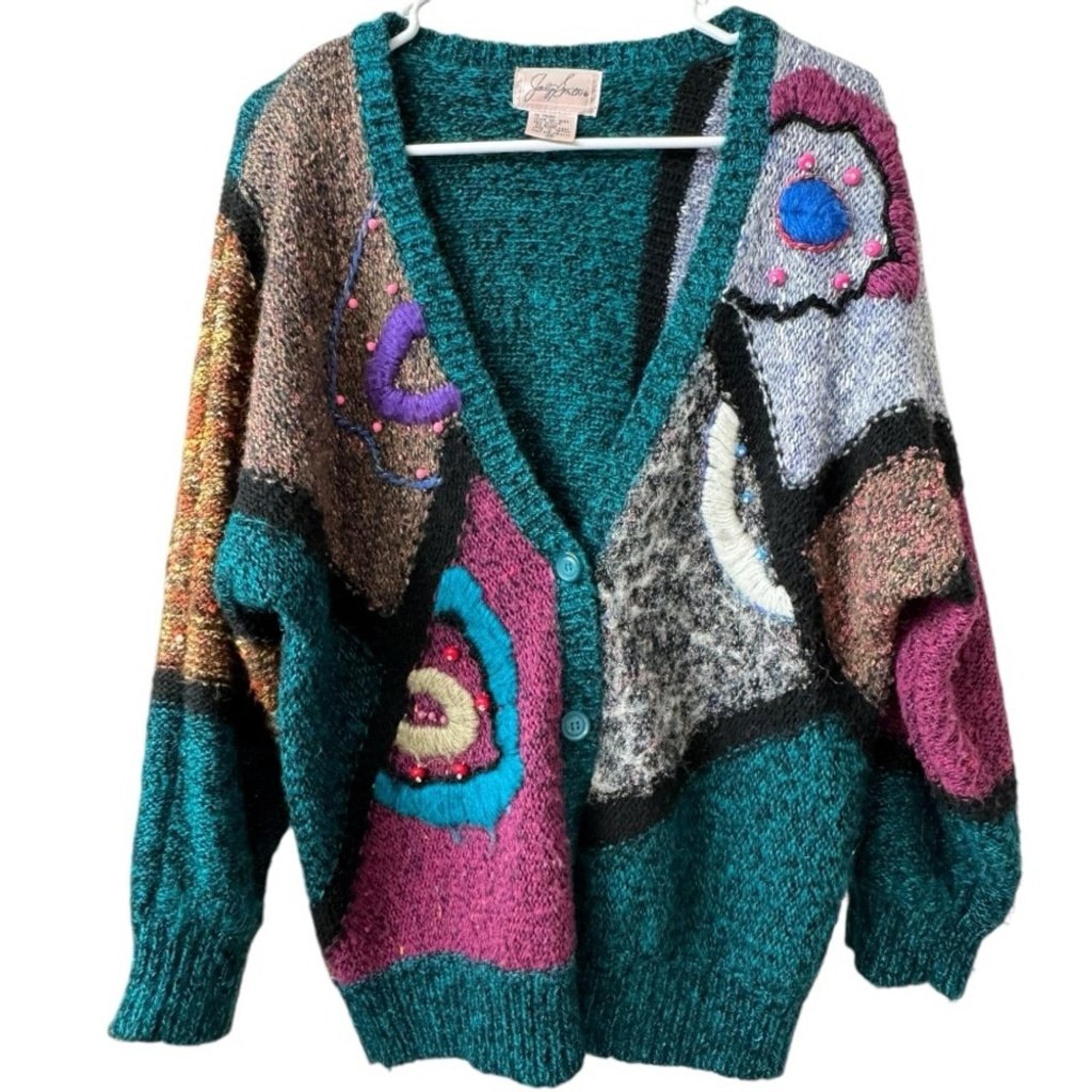 Vintage 80s Ugly Sweater Jaclyn Smith Size M Teal Pink Black Color Block Beads