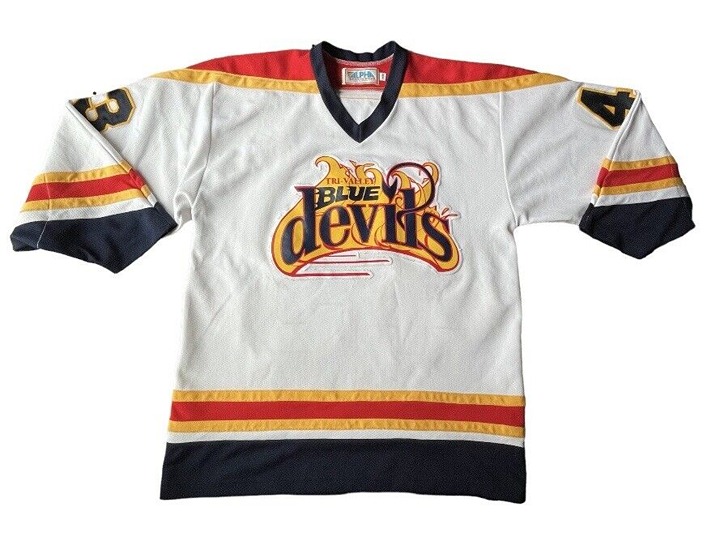 VTG Tri Valley Blue Devils Minor League Hockey Jersey Labarthe #43 White M Men