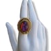 WHITING & DAVIS VINTAGE GOLDTONE FILIGREE DESIGN & ART GLASS CABACHON RING