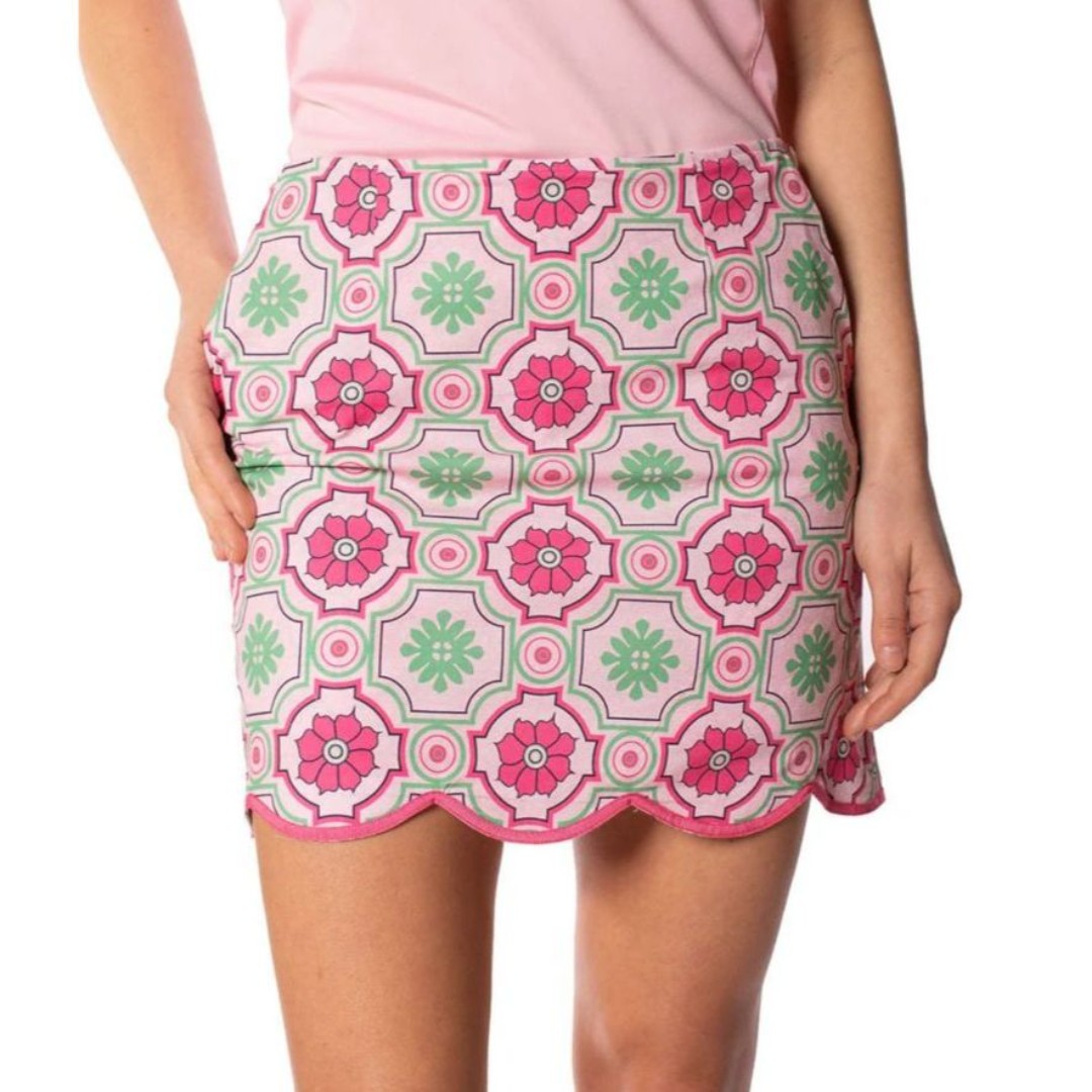 Golftini Mrs Brightside Pink Green Floral with Scalloped Hem Golf Skort Size 6