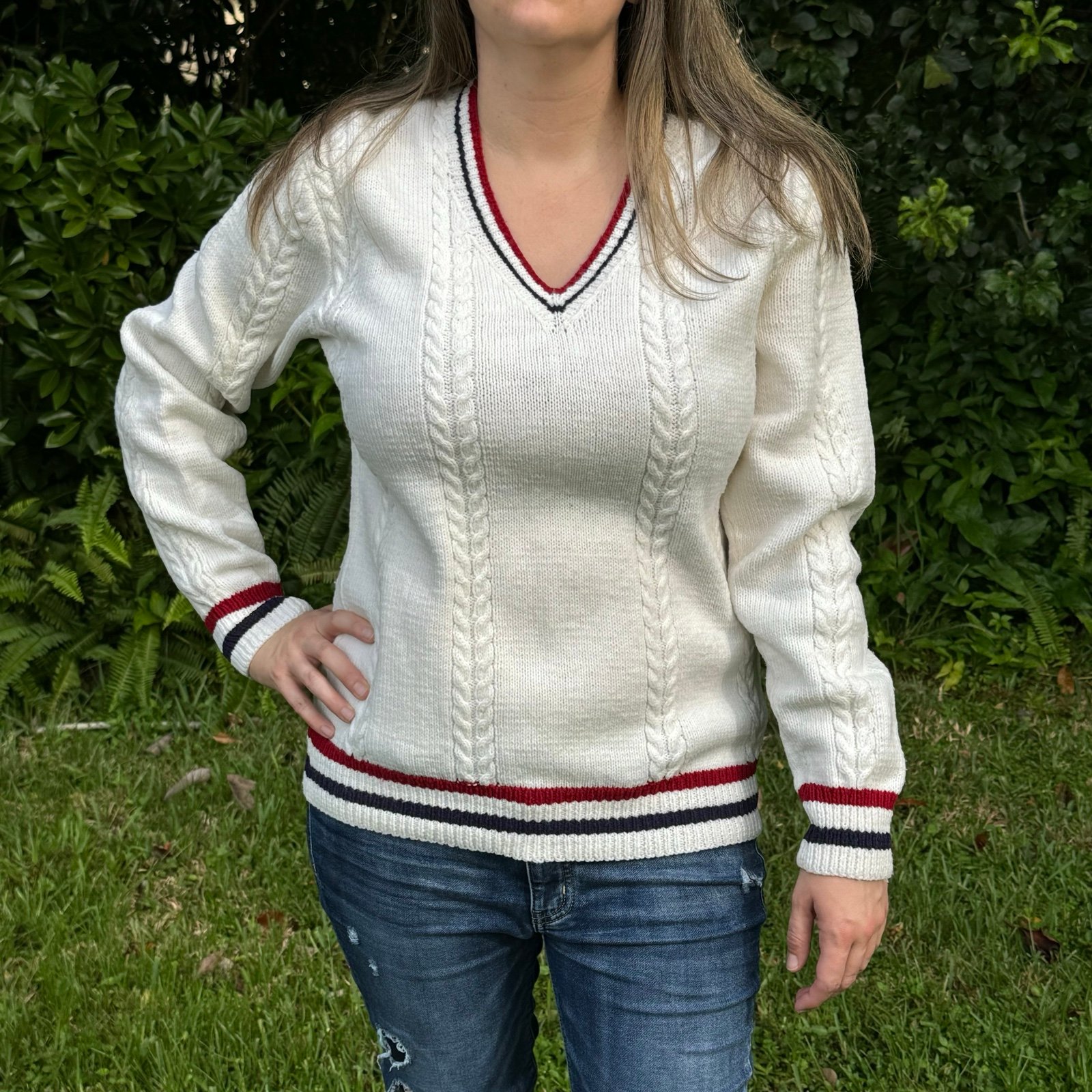 Vintage style preppy striped cable knit sweater