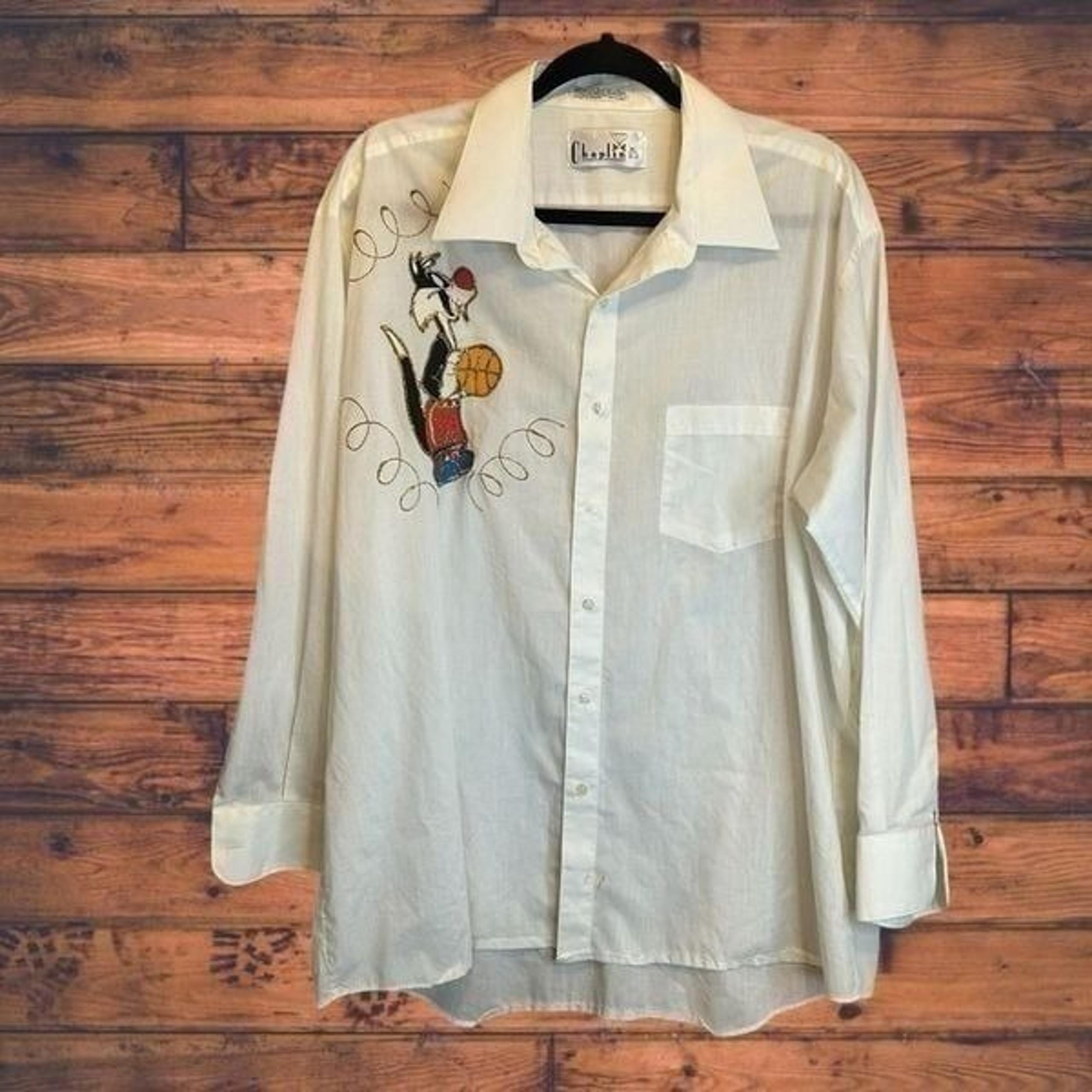 Vintage Button Front White Chaplin Sylvester Hand-laid Emblem Shirt XL (32-33)