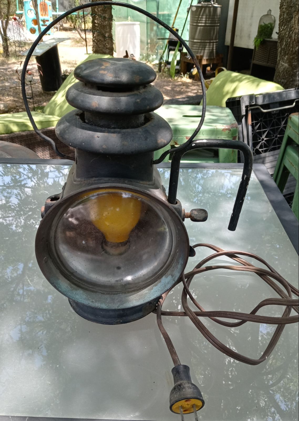 Antique Dietz Union Driving Lamp  Retrofitted Electric Pull Chain Lamp