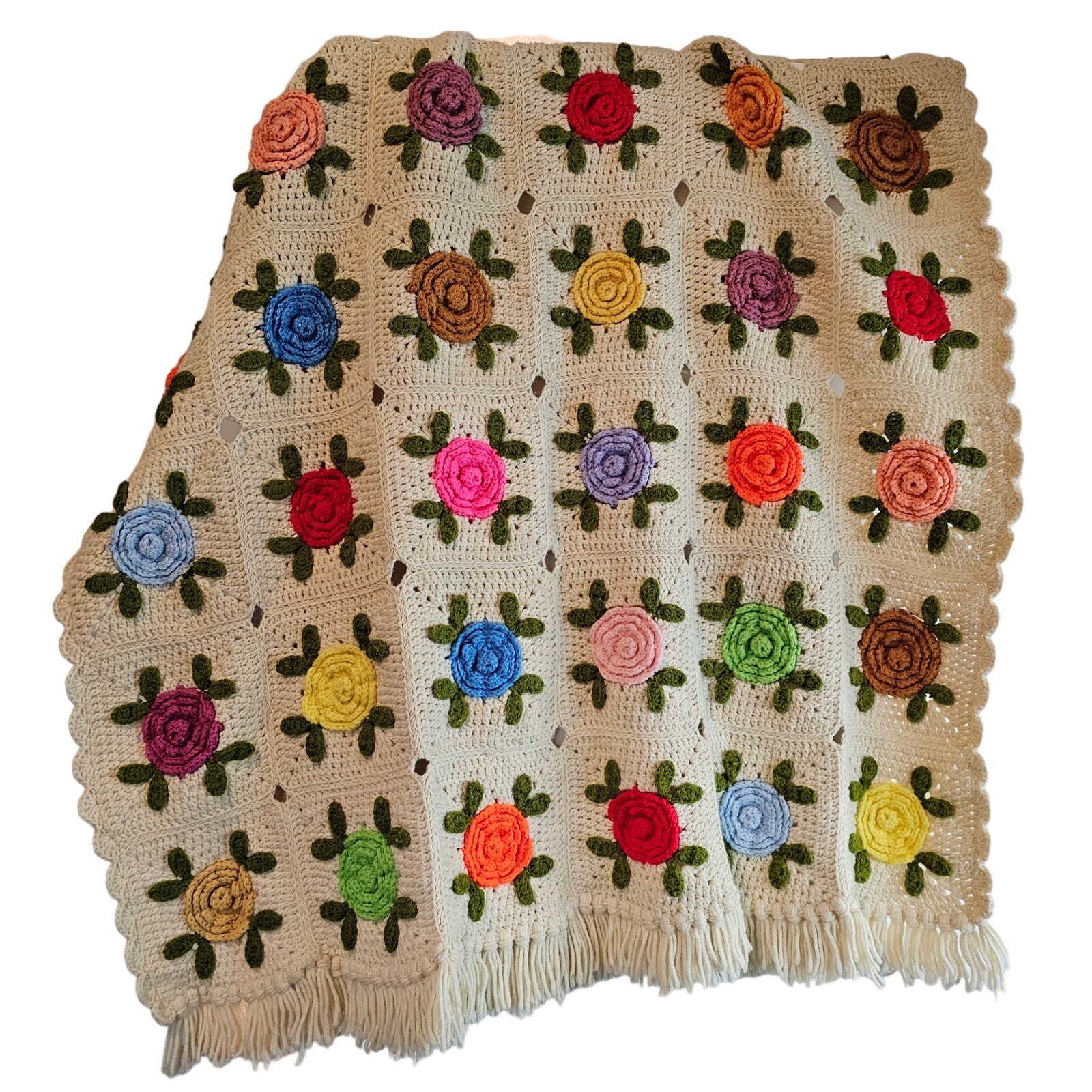 Vintage Blanket Crochet Afghan 68x41 Handmade 3D Roses Colorful Cottage Floral