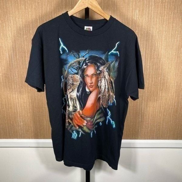 Fruit of The Loom Mens Vintage Thunder Native American & Wolf T-Shirt Black XL