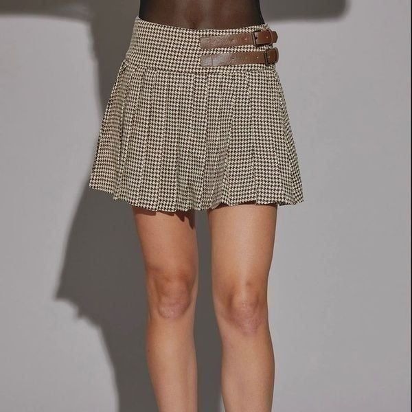 Brown Houndstooth Two Belted Pleated Mini Skirt brown