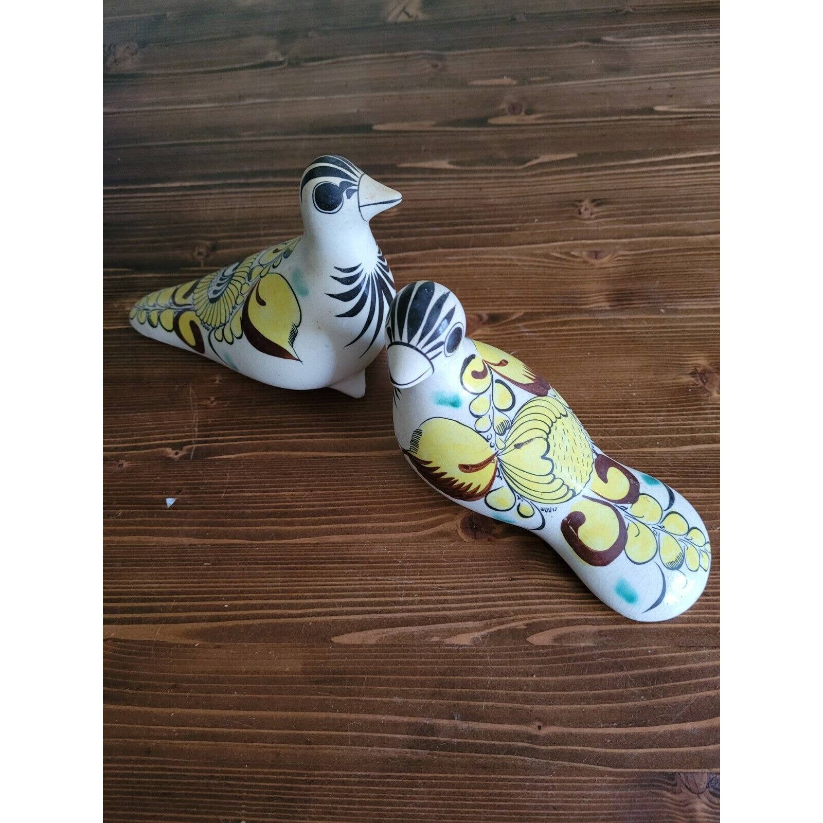 Vintage Tonala Pottery Mexican Folk Art Clay Bird Doves Hand Painted pair