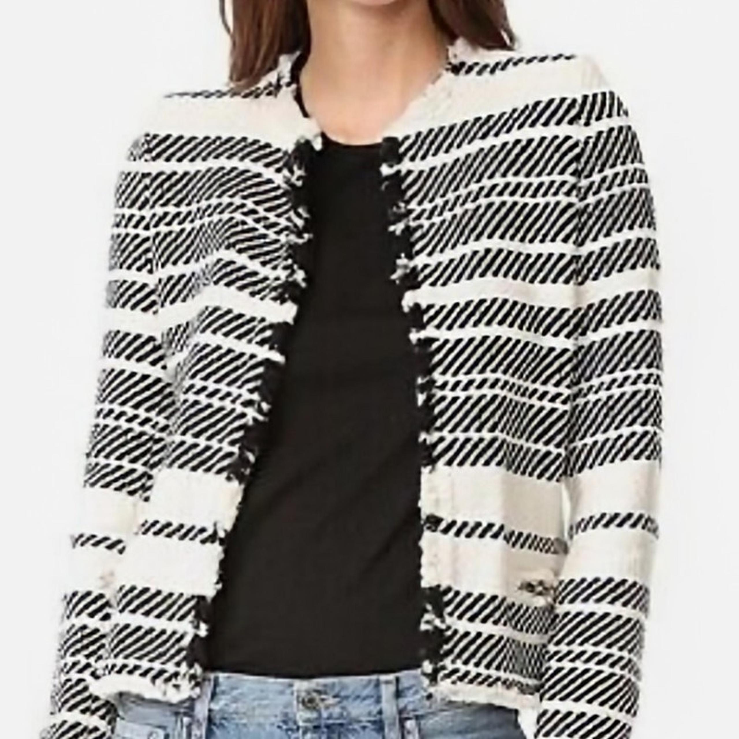 IRO Zlata Tweed Cropped Open Blazer Striped Fringe Cream Black EU 38 US 6