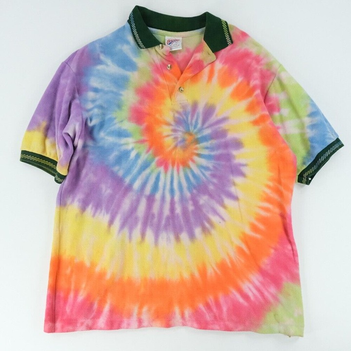 Vintage 90s Polo Shirt Hand Tie Dye Multi-Color S/S Shirt Sz. XL Ringer Polo